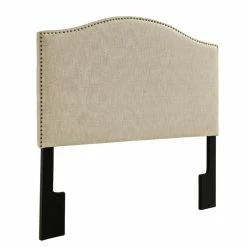 Outlet ✔️ PRI Camelback Nailhead Trim Queen Fabric Upholstered Panel Headboard In Linen Beige ⌛