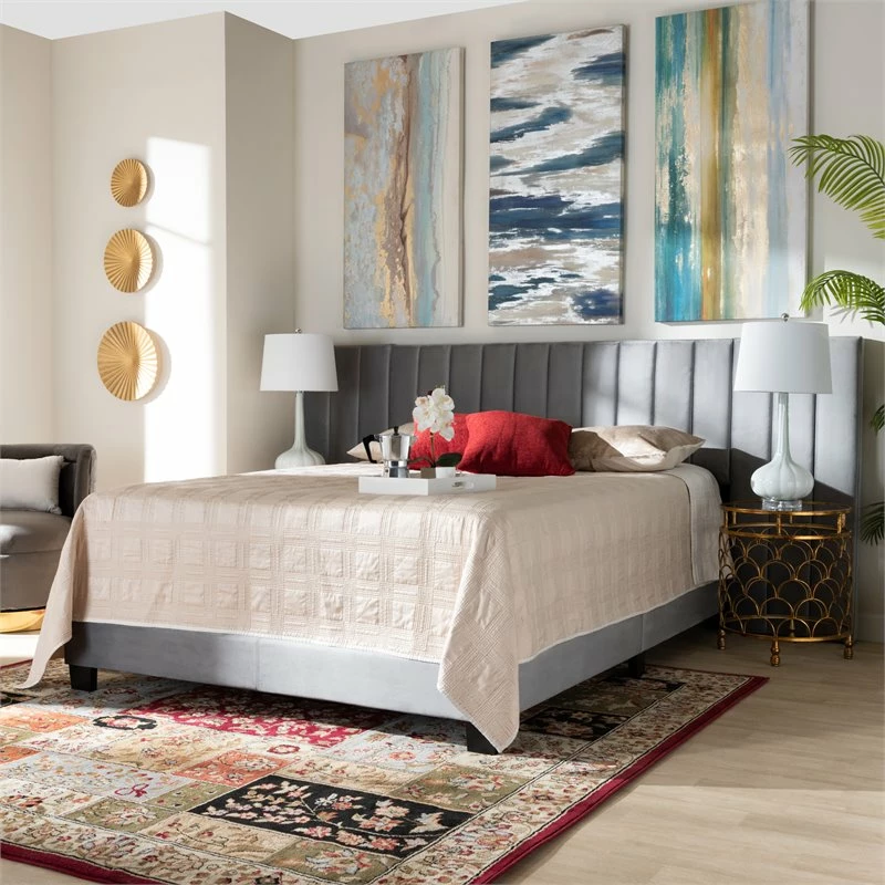 Best Sale ๐ Bowery Hill King Size Gray Velvet Panel Bed With Tufted Headboard ๐ฅฐ - Image 6